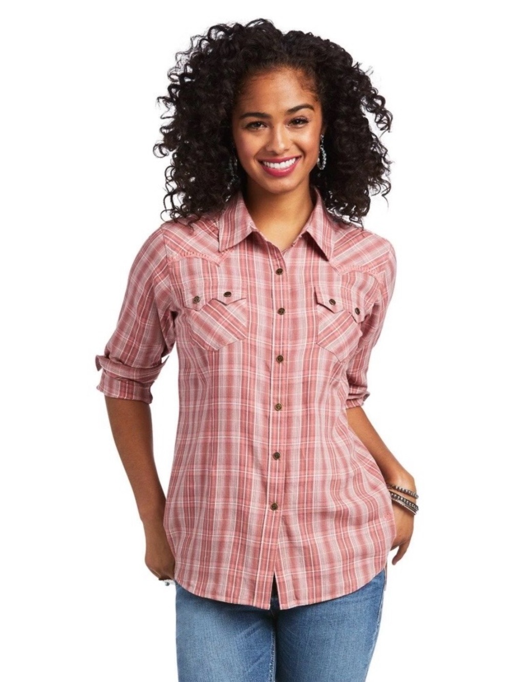 Ariat Fitted Plaid Western Embroidered Thunderbird Snap Western Cowgirl LS Shirt